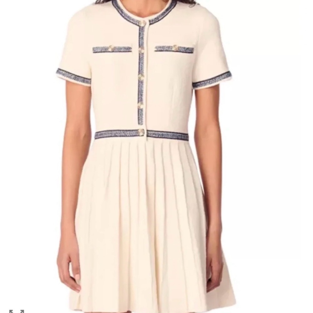 Maje Cream Mini Dress with Navy Trim and Gold-Tone Buttons